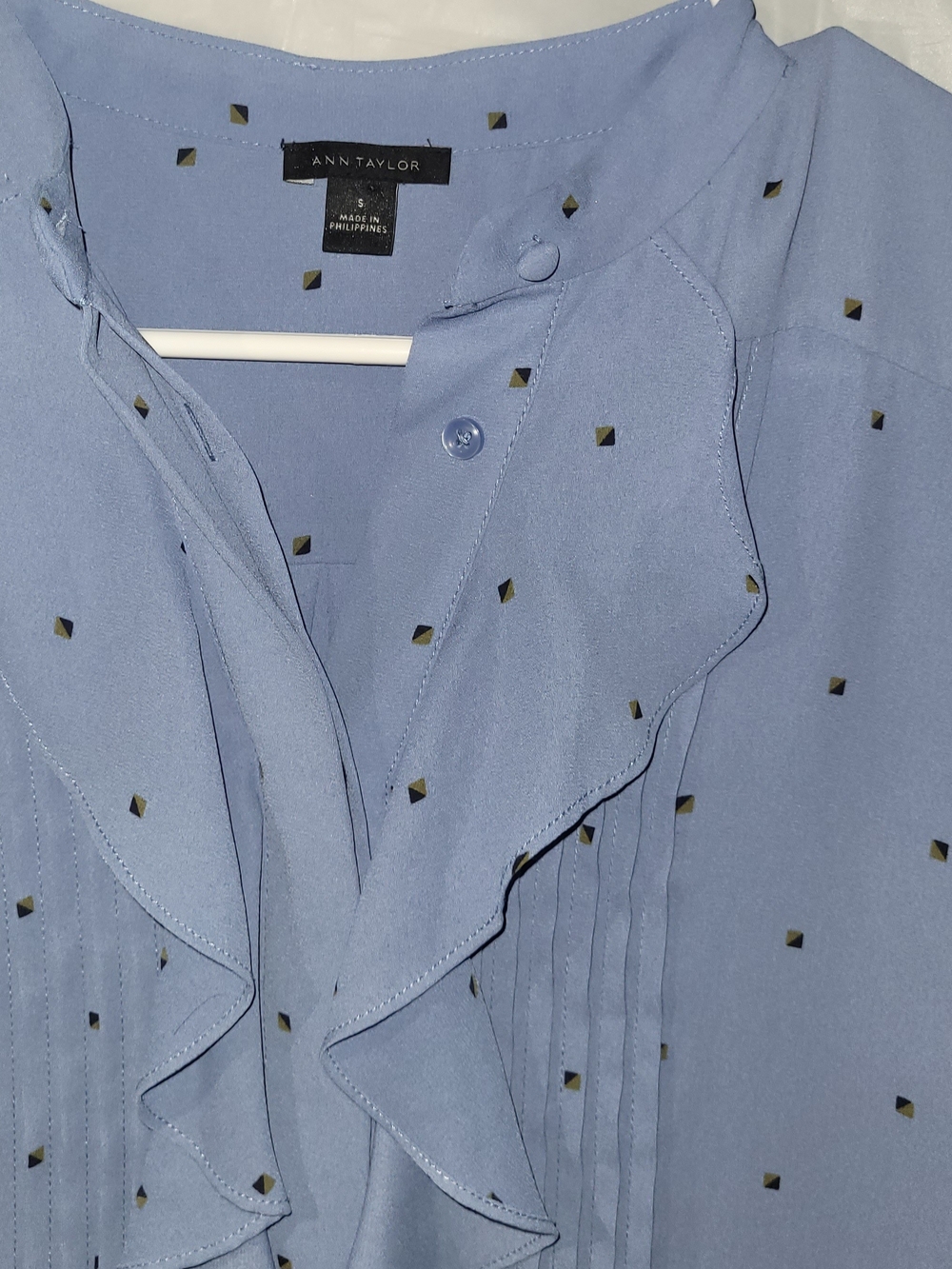 Ann Taylor Light Blue Ruffle-Front Dress Shirt with Tiny Black Diamond Dots
